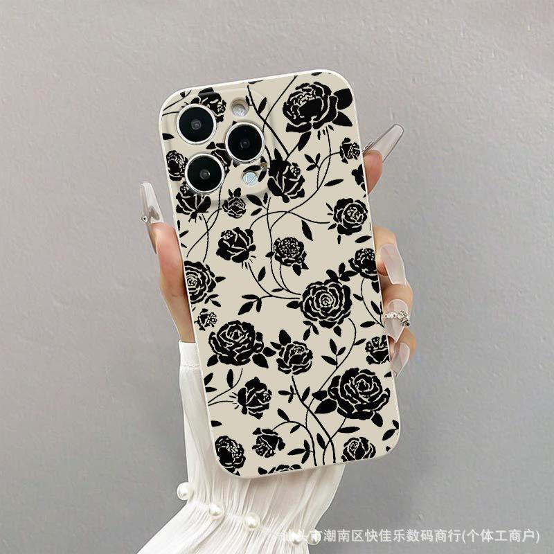 Black Rose for Apple 16/15promax Mobile Phone Case Iphone14/13/12/11 Soft Silicone 17