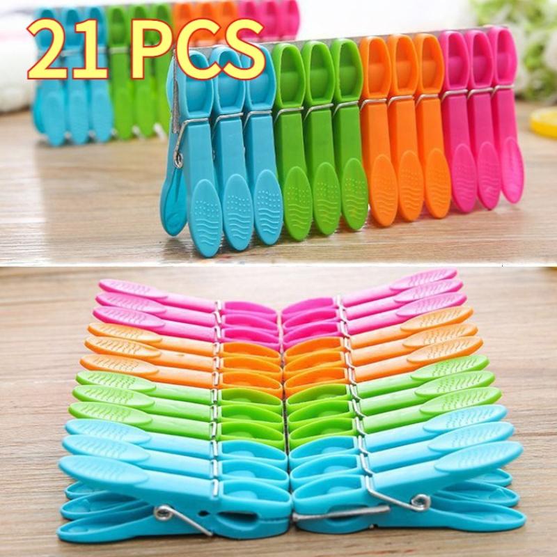 

Assorted 21-Pack Heavy-Duty Plastic Clothespins - Spring-loaded clothespins, ideal for drying clothes