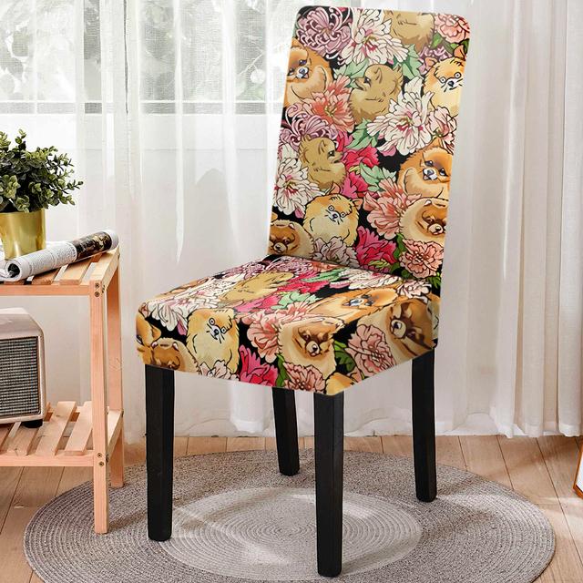 Stuhlhusse für Esszimmerstühle mit niedlichem Tier-/Hunde-Print, dehnbar, elastischer Stuhlbezug mit Blumenmuster, Sitzbezug für Küchenhocker, Heim- und Bankettdekor