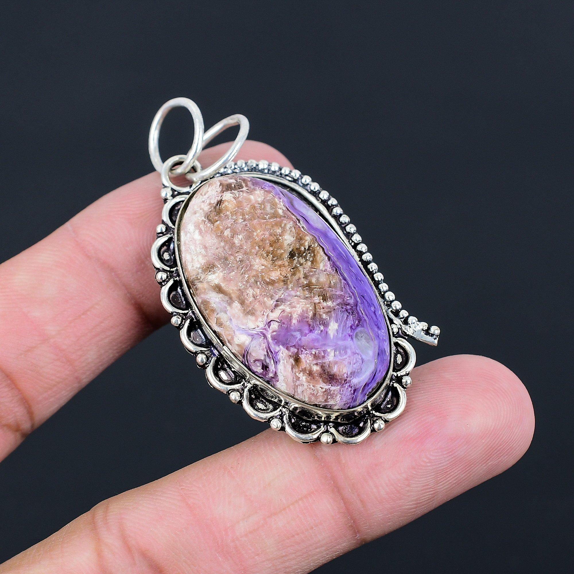 Natural Charoite Gemstone Indian Jewelry 925 Sterling Silver Pendant For Girls