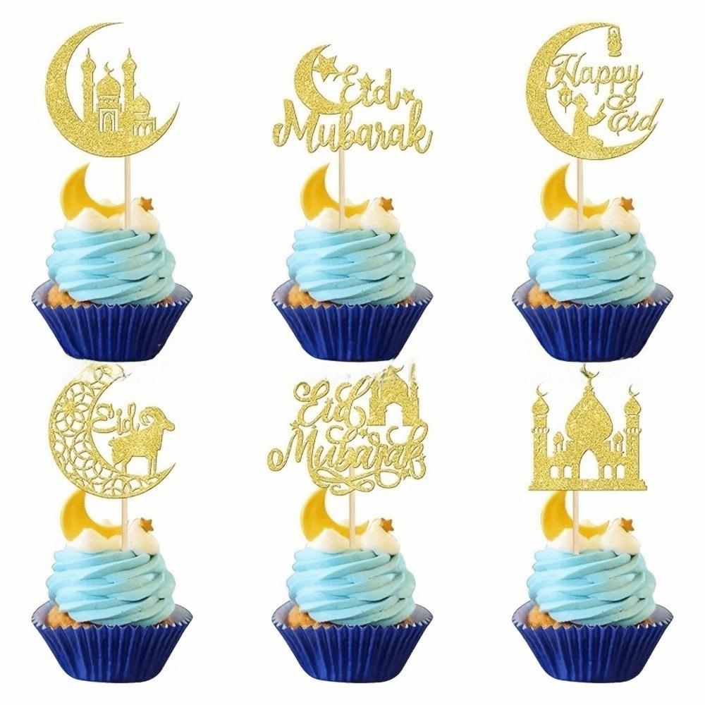 

24PCS Decorative Cake Decorative Toppers Glitter Gold Ramadan Mubarak Baking Cake Flags Eid Mubarak