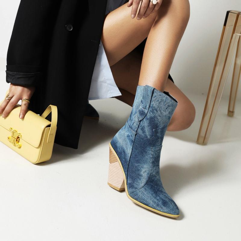 High Heels Women Cowboy Boots Retro Tapered Thigh High Side Zipper Boots Solid Color New European American Fashion Trend Booties