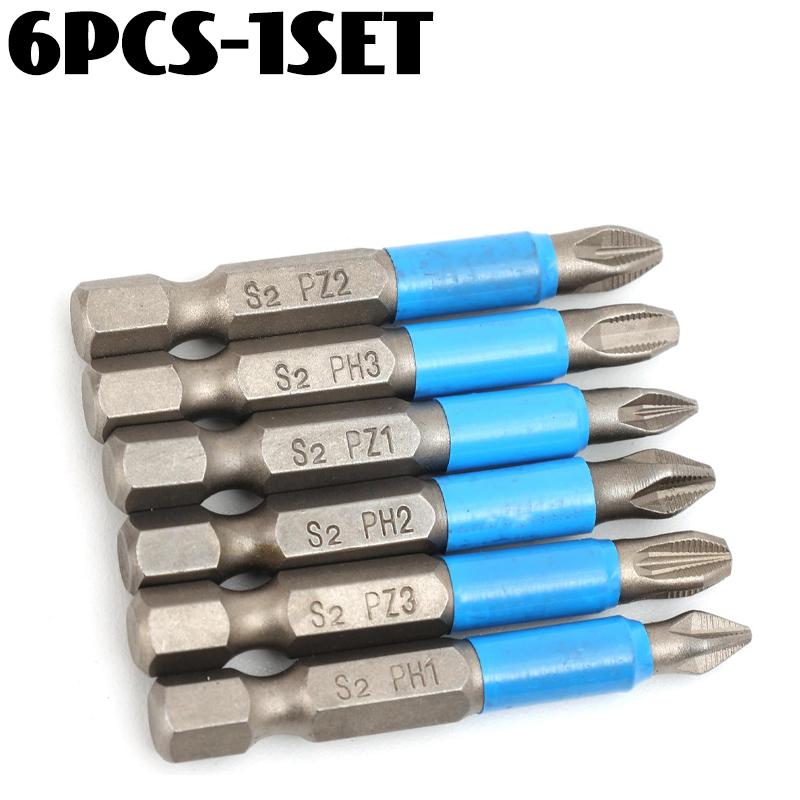 6/12x Hex Shank Screwdriver Bit Set PH1 PH2 PH3 PZ1 PZ2 PZ3 Head Anti Slip Teeth Hardware Electrical DIY Repair Accessories
