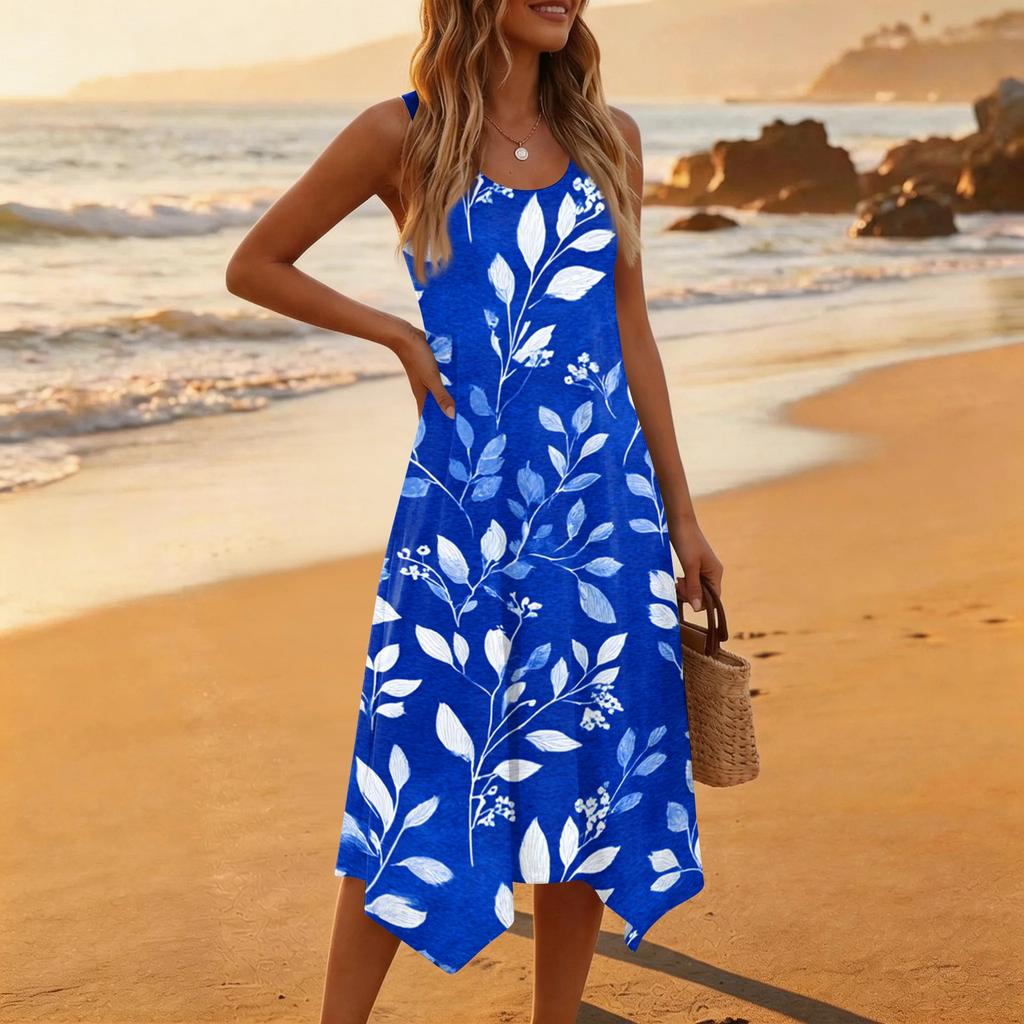 Women Casual Sleeveless Floral Print Dress Round Neck Irregular Hem Mid Length Summer Dress Lightweight Comfortable Fabric