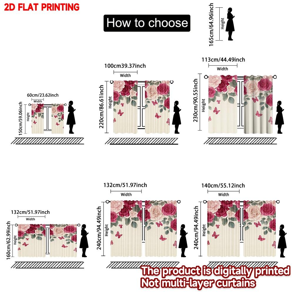 Flat Printing Party Curtain Blossoming Roses Butterflies Digital Printed Polyester Drapes Holiday Decorations Set Of 2 Made Washable