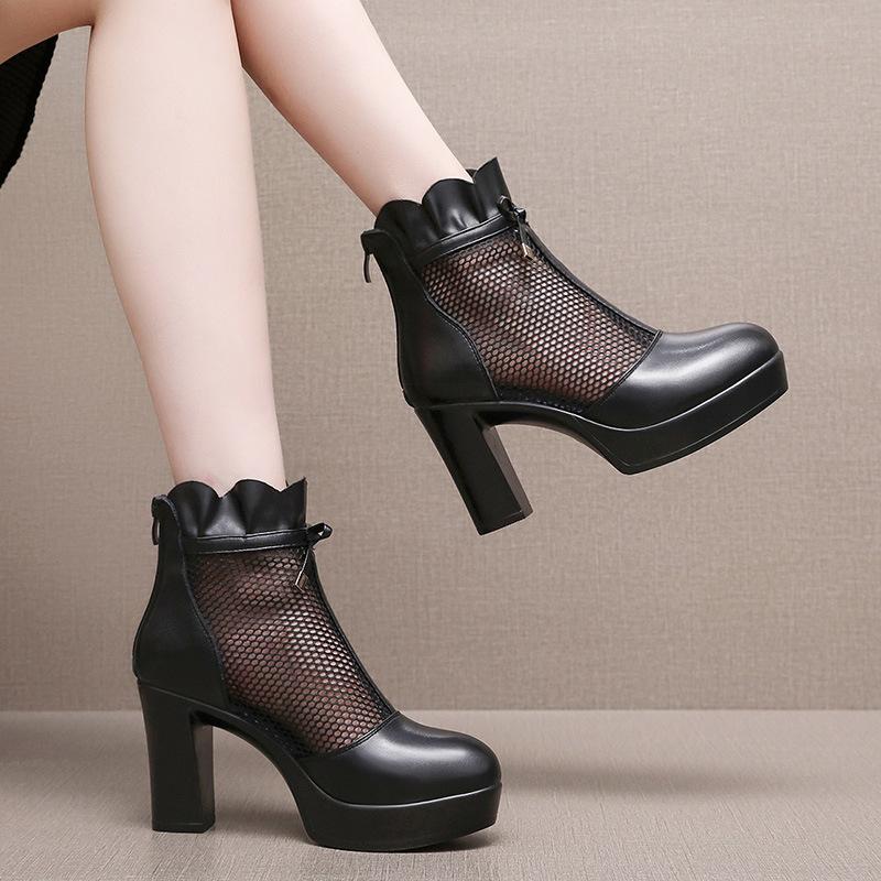 Ladies Fashion Solid Color Leather Back Zipper Pointed Toe Thin High Heel Booties Wide Width Womens Boot  De Mujer