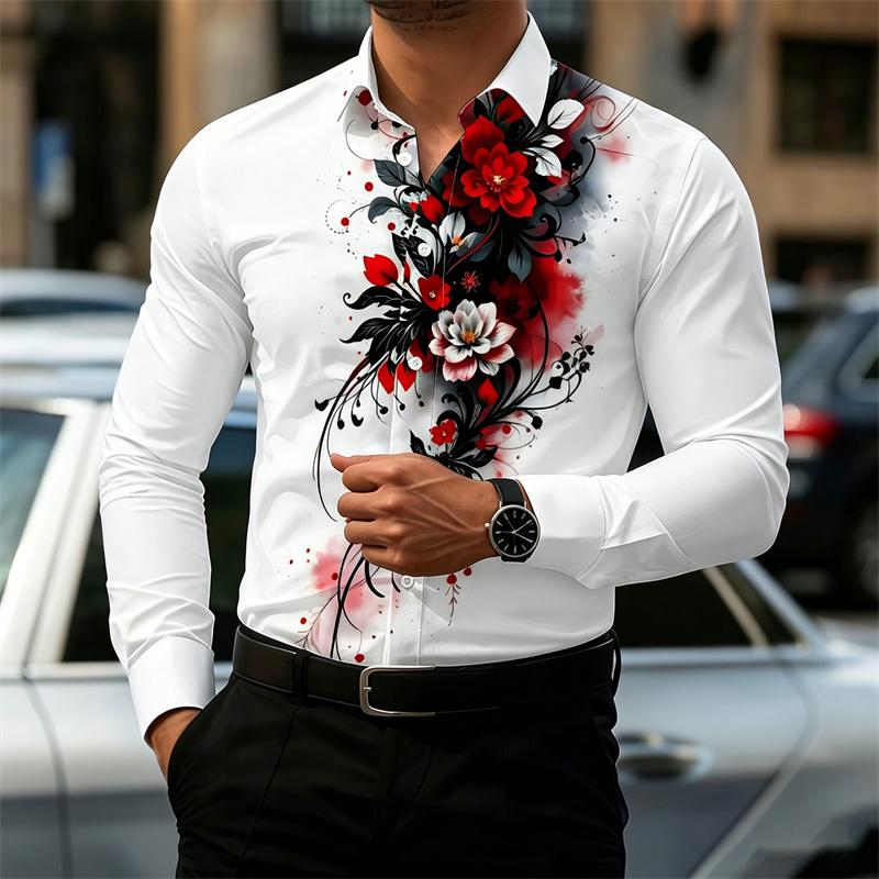 Men's Shirt with Retro Artistic Floral Print, Stylish Lapel, Long Sleeves, Business Casual, Trendy and Individualistic Style.