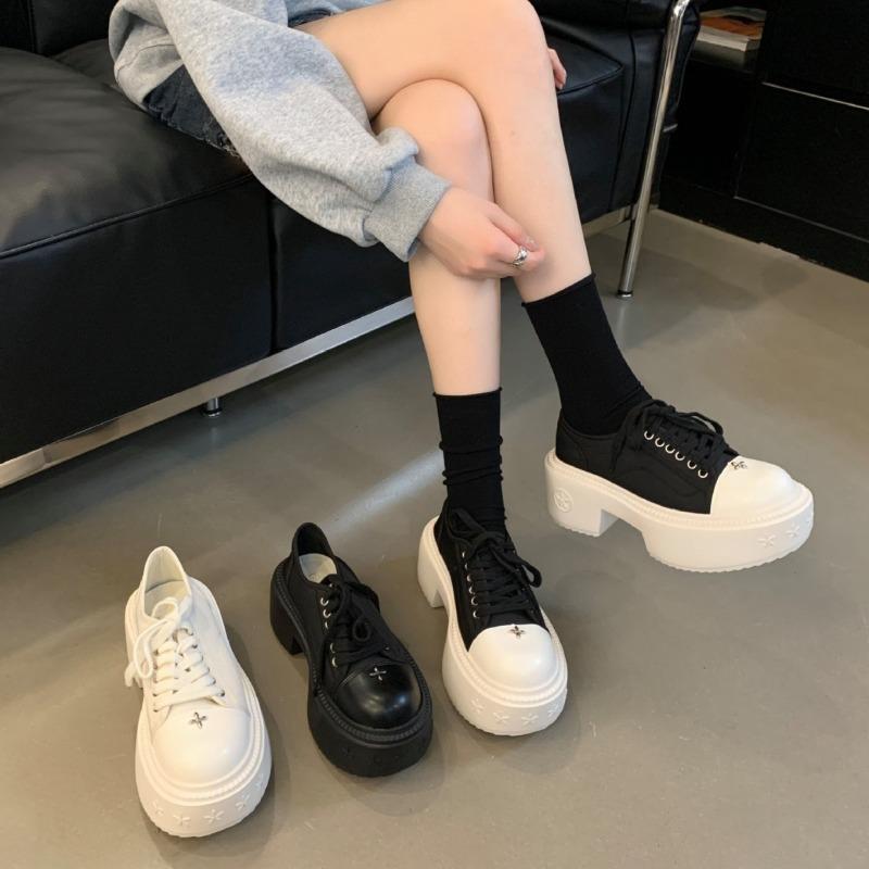 Jesienne buty płócienne na grubej podeszwie, z okrągłym noskiem, grube, codzienne, dla kobiet
