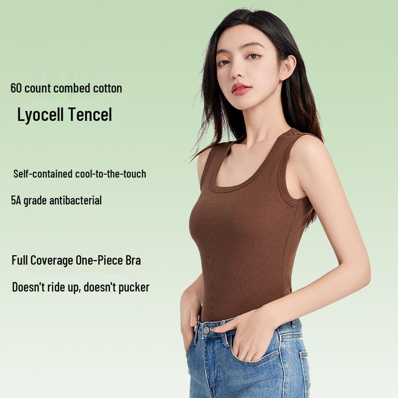 Women's Cooling Wide-Shoulder Tank Top with Chest Pad, Antibacterial Tencel Cotton, Summer Innerwear