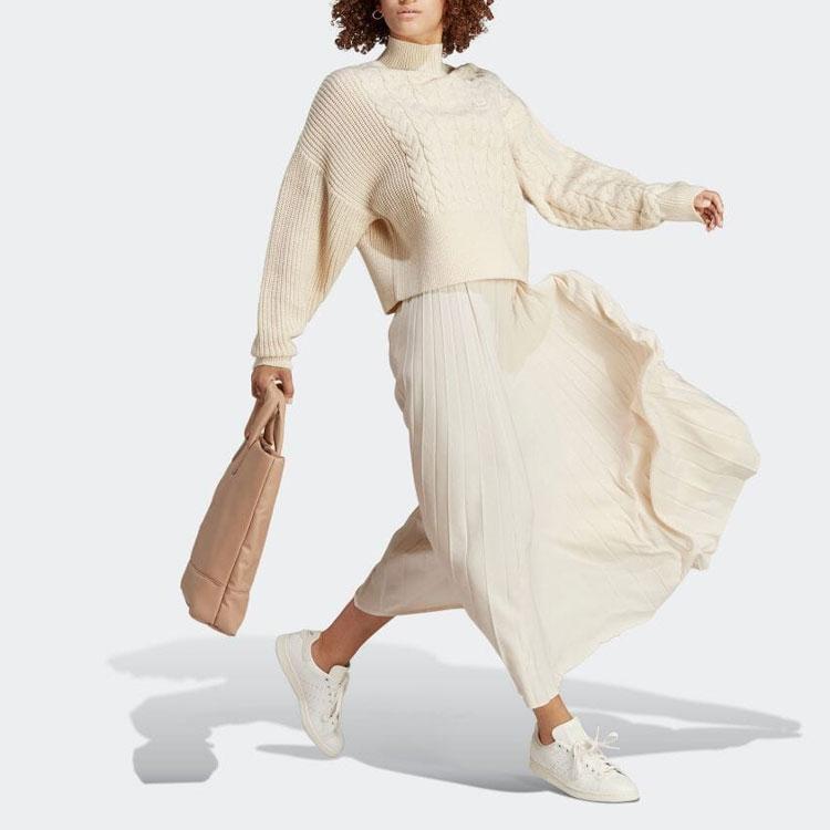 adidas Originals Trefoil Solid Logo Cable Knit Turtleneck Sweater Long Sleeve Women Tops Off-White IC5221
