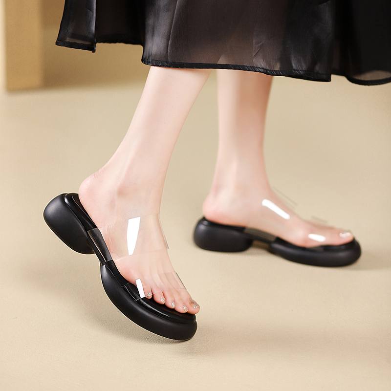 Krazing Pot Mules Natural Leather PVC Peep Toe Thick Heels Summer Shoes Size 42 Platform Women Sandals