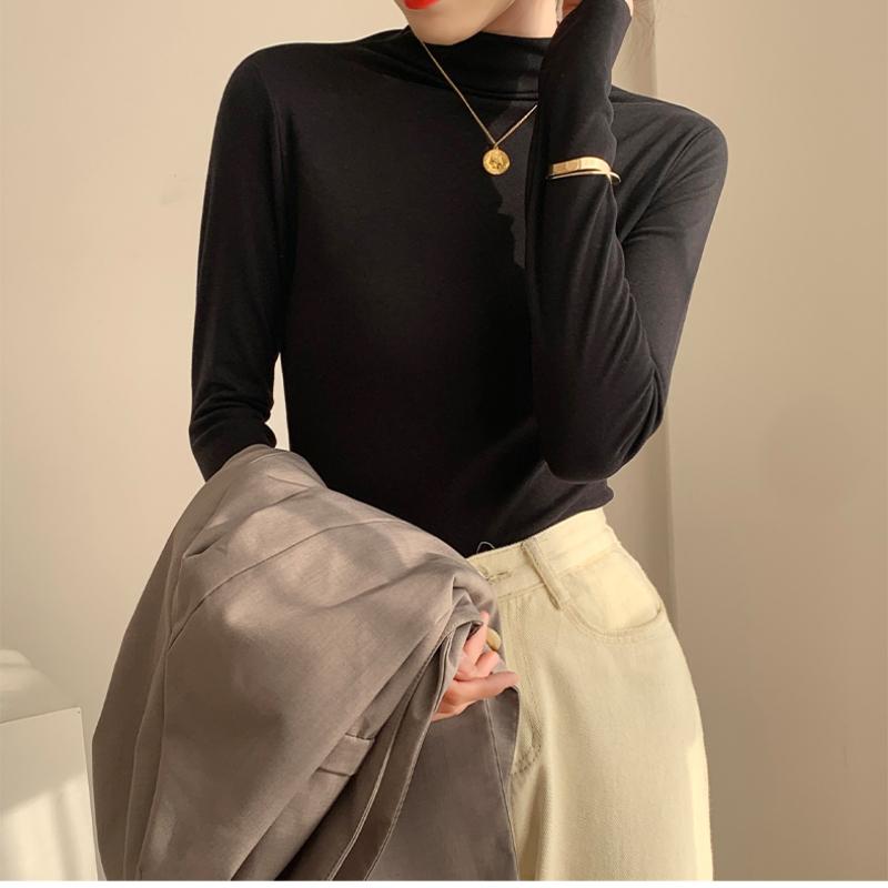 

Модная облегающая футболка с высоким воротником для женщин, осенне-зимняя одежда, флисовая повседневная футболка с длинным рукавом, женская однотонная элегантная футболка 25423 XL