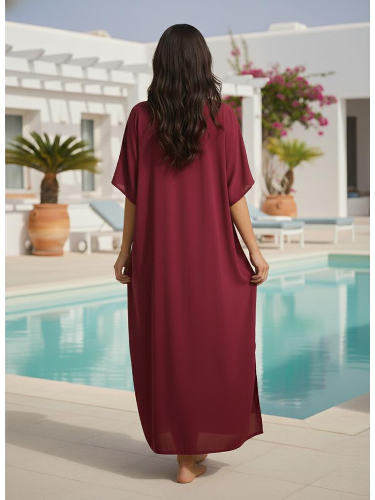 Womens Boho Embroidered V Neck Kaftan Dress Loose Fit Elegant Loungewear Beach Cover Up for Summer Resort Wear Q1545-23001