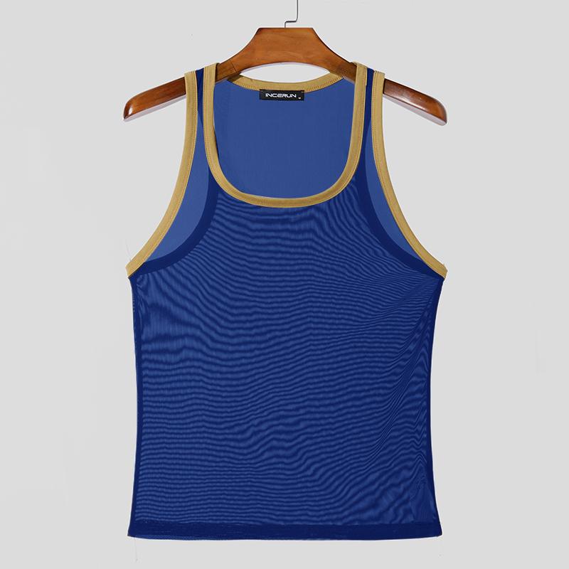 INCERUN Débardeurs à bretelles transparentes pour hommes Hauts transparents en maille patchwork