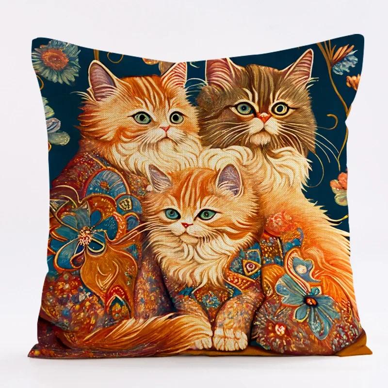 Classic Oil Painting Cat Design Linen Pillowcase 45x45cm Living Room Sofa Cushion Covers Home Decoration Car Waist Pillow