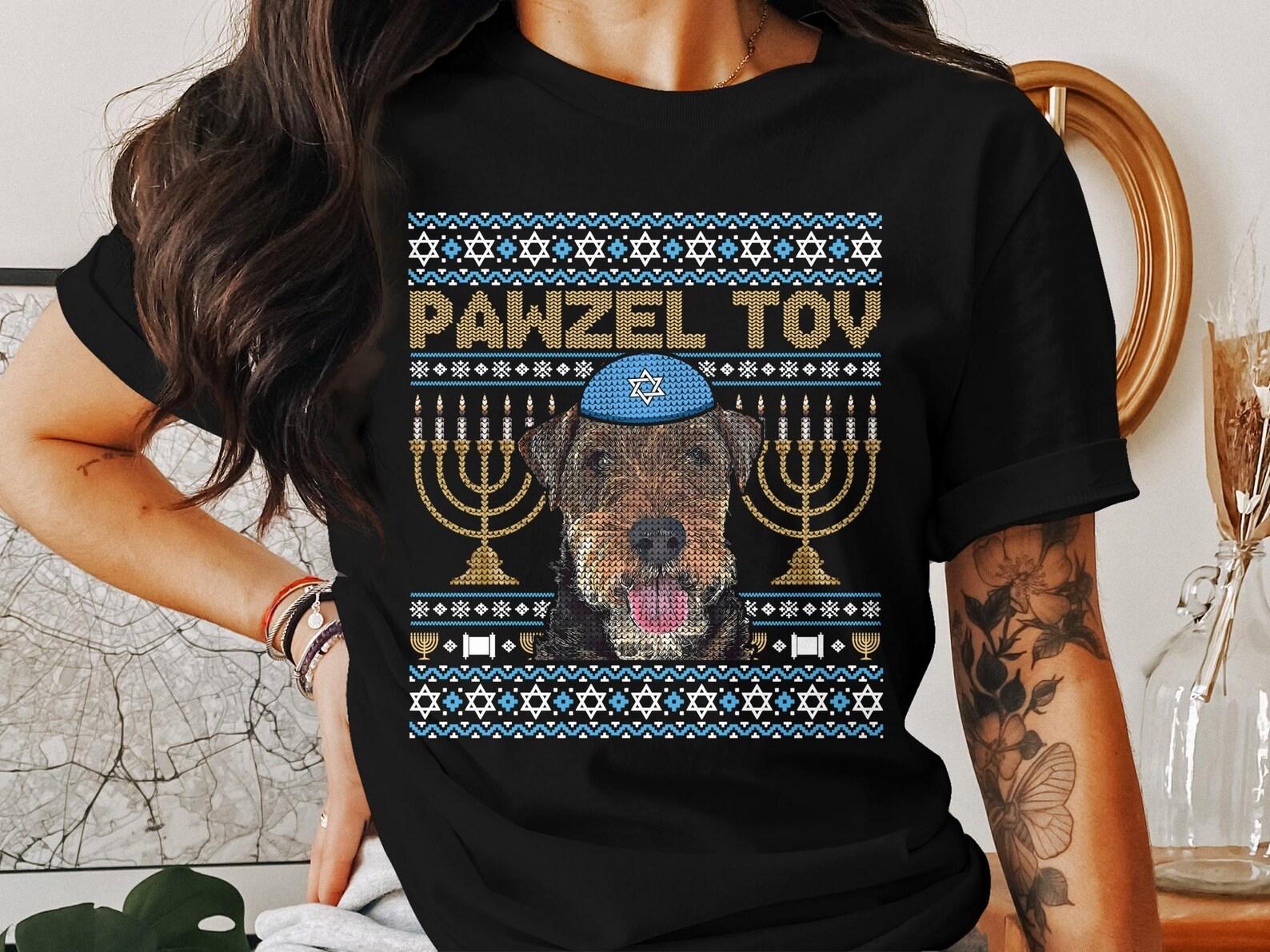Hanukkah Jewish Pawzel Tov Welsh Terrier Dog T-Shirt, Hanukkah Menorah Candles Dog Lover Gift, Fun Hanukkah Welsh Terrier Tee XL