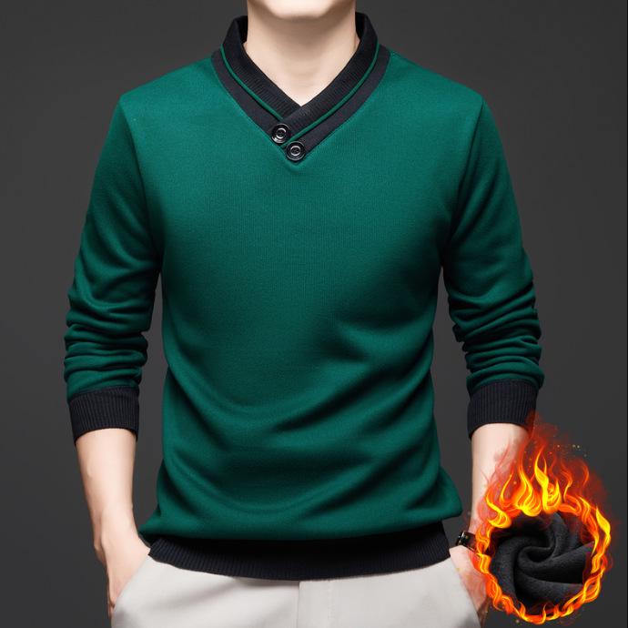 Men's Argyle V-neck Plus Velvet Knitwear - Warm, Soft, and Versatile Base Layer for Autumn and Winter