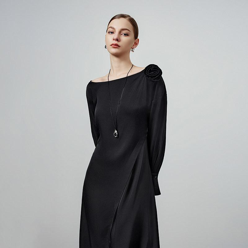 2026 Early Spring One-Shoulder Black Dress: Women s Irregular Rose Slimming Mid-Length Design 2XL чёрный/дым