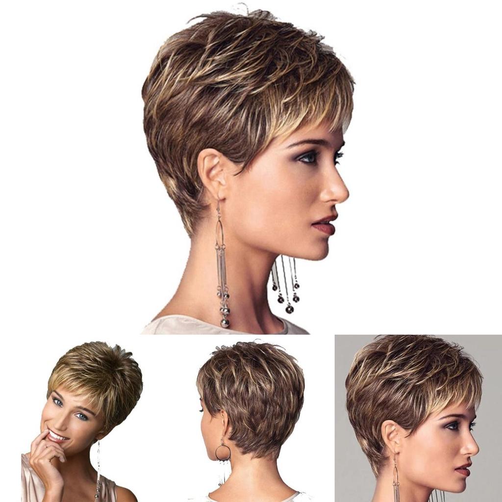 Elegante Peluca Corta Ondulada Marrón y Dorada para Mujer con Flequillo Natural para Moda