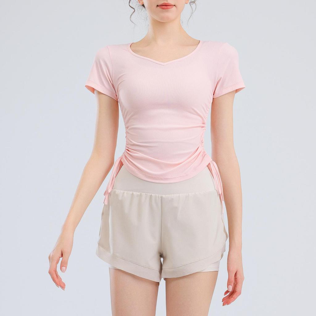 Women's V-Neck Short Sleeve Sports T-Shirt - Solid Color, Breathable, Slimming Fitness Top for Spring/Summer.
