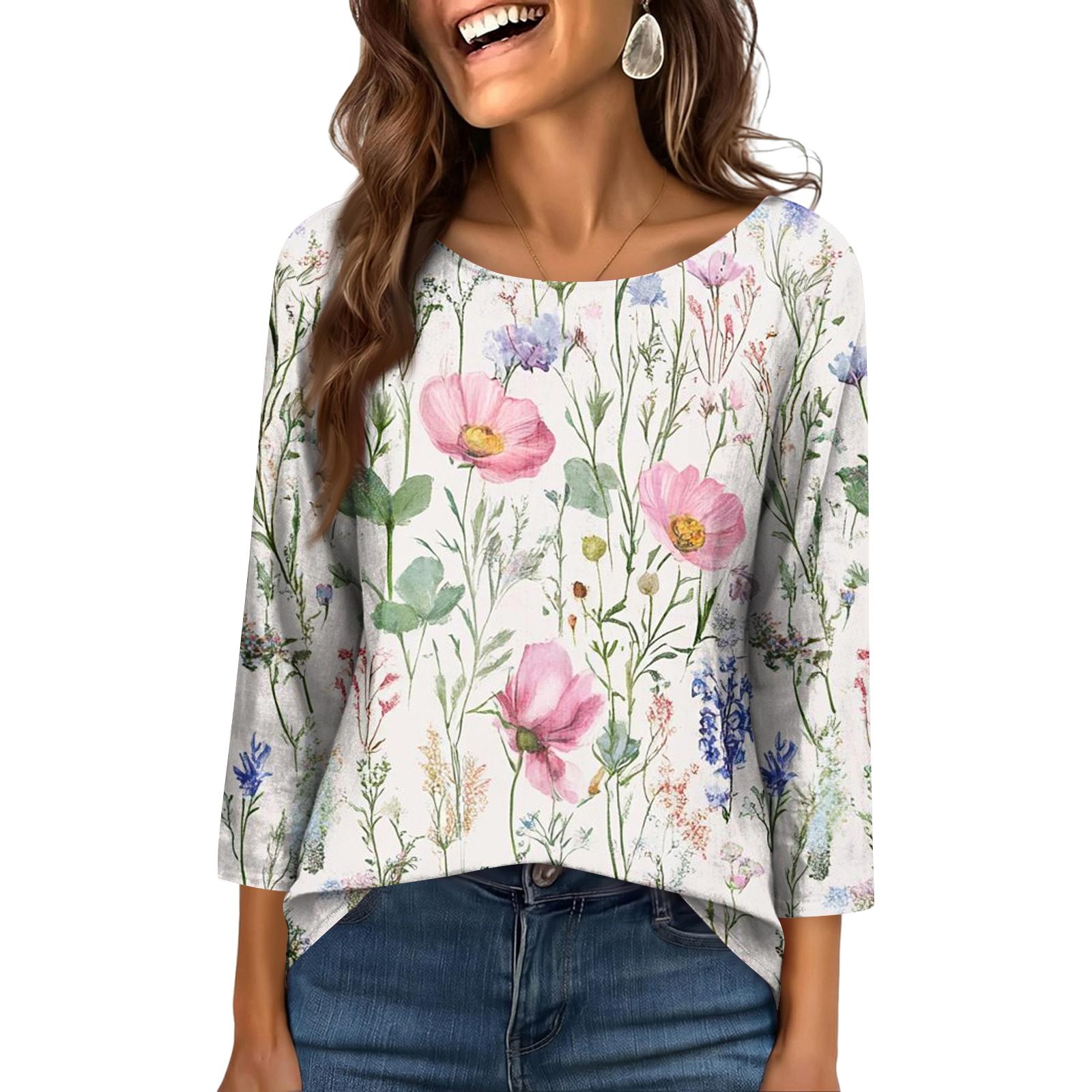 

Women s Fashionable Casual Round Neck 3/4 Sleeve Printed T-Shirt Top XL рожевий