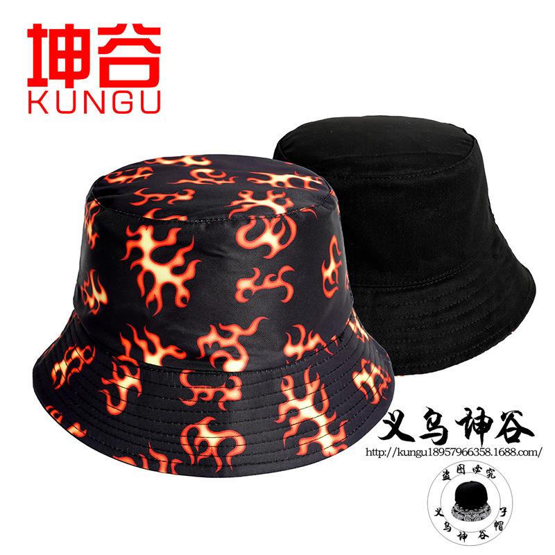 Spring Autumn Unisex Flame Print Fisherman Bucket Hat - Double-Sided Sun Protection Holiday Hat