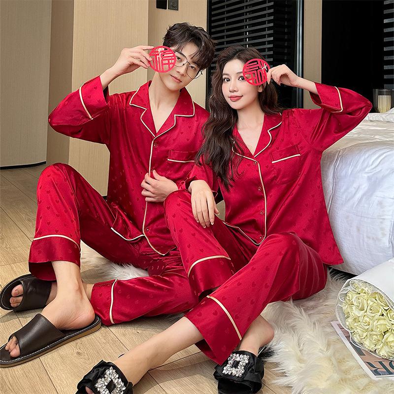 Jarní a podzimní korejské kardiganové pyžamo z ledového hedvábí pro páry