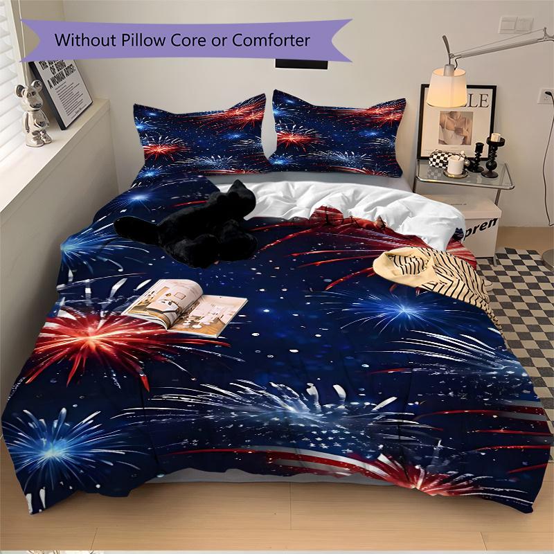 

3pcs Fireworks Celebration Bedding Set, Includes One Quilt Cover and Two Pillowcases (No Core), Patriotic Home Decor for Bedroom and Guest Room 135x200cm