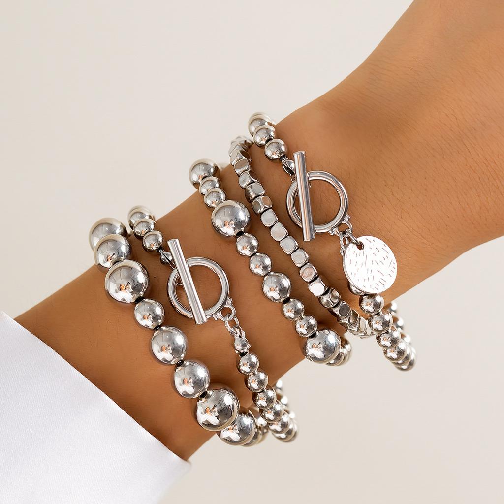 Temperament Imitation Pearl Stacked Bracelet Set, Wind Figure Tag Beaded Bracelet