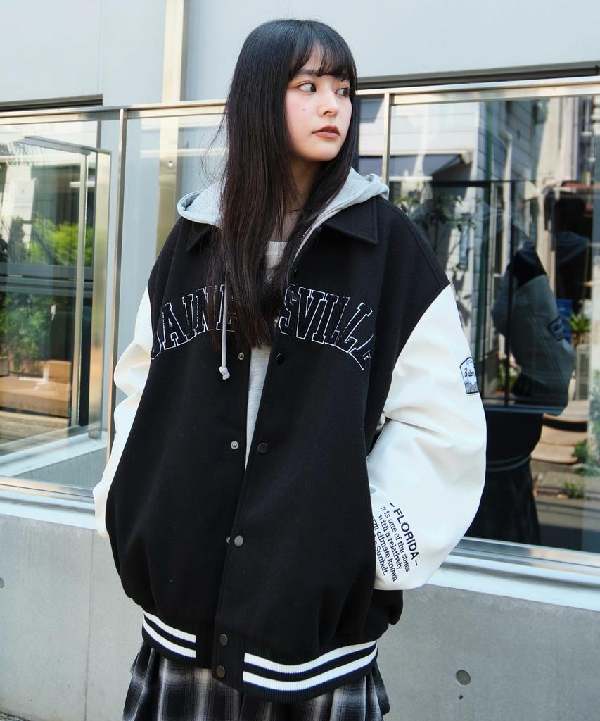 WEGO Melton Patch Stadium Street Loose Oversized Size Black Men's Jacket, Unisex, Style, Fit, Silhouette, Fall/Winter Clothing, Gift, M,