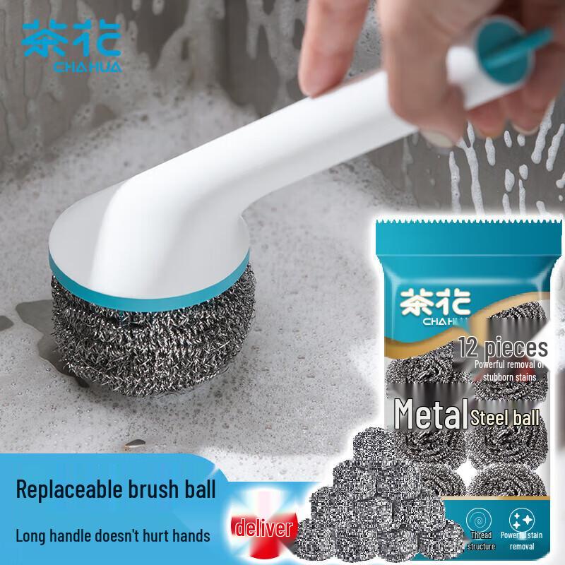 Chahua Long-Handle Pot Brush with Steel Wool Refills
