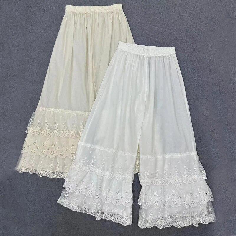 Johnature Japanese Thin Leggings Loose Women Pants Casual Elastic Waist Render Lace Wide-leg Pants Spring Summer