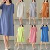 Women's Summer Lightweight Cotton Linen Dress, Japanese Minimalist Solid Color Round Neck Short Sleeve Loose Casual Midi Dress