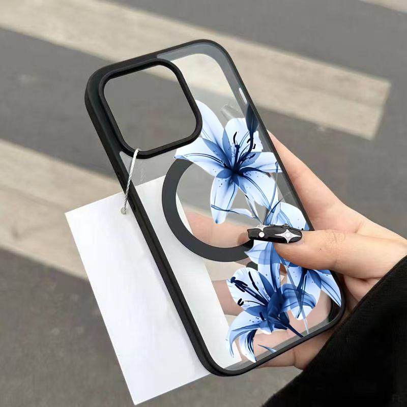 Blue Lily Whisper Transparent Magnetic Phone Case for Samsung Galaxy S25 S24 S23 S22 Ultra Plus S26 FE for Wireless Charge Cover