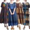 Women Cotton and Linen Dress Vintage Plaid Print O Neck Half Sleeves Side Pockets Robes Casual