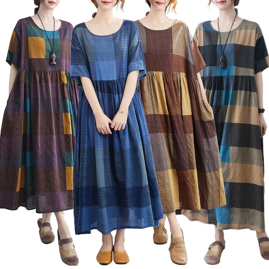 Women Cotton and Linen Dress Vintage Plaid Print O Neck Half Sleeves Side Pockets Robes Casual