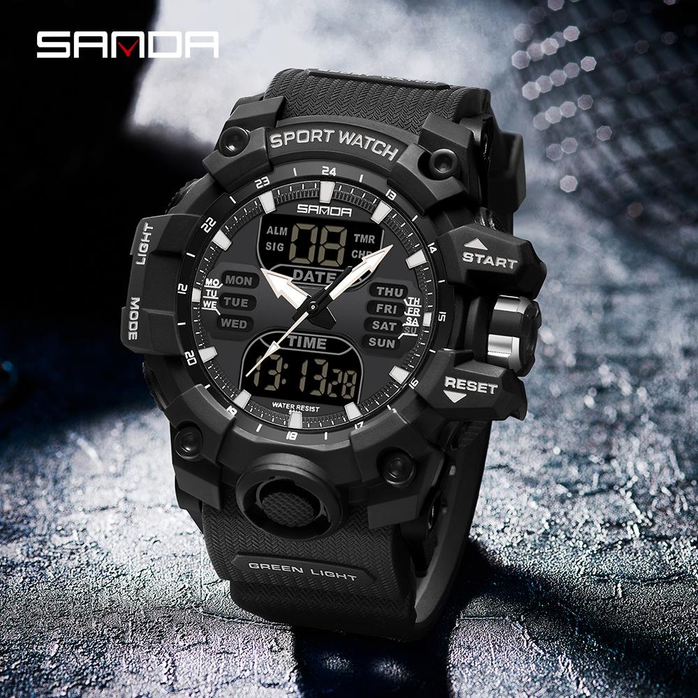 SANDA Sports Military Men's Watches Luxury Dual Display Watch 50M Waterproof Quartz Wristwatch for Male