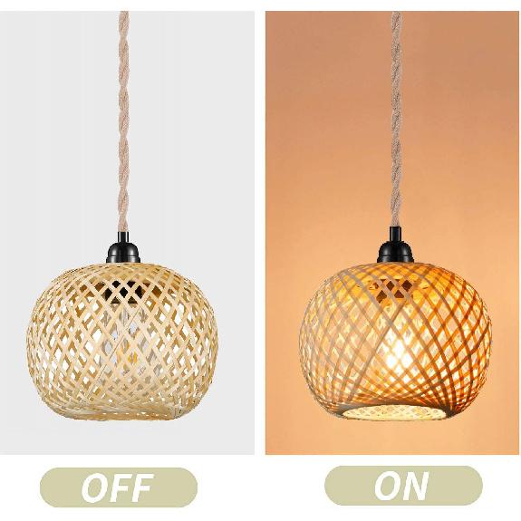 Vintage Plug in Pendant Light Wicker Rattan Hanging Lights with 15ft Hemp Rope Cord Mini Bamboo Lampshade Boho Wall Lighting Fixture Swag Lamp for