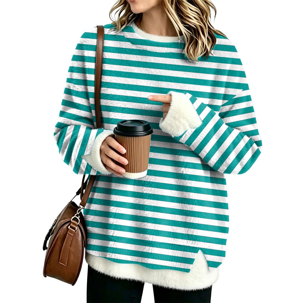 Women's Fashion Flannel Round Neck Two-Piece Striped Print Top with Spliced Design