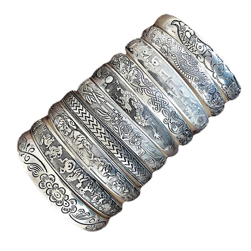 Ethnic Tibetan Miao Silver Vintage Carved Open Bangle Women's Jewelry