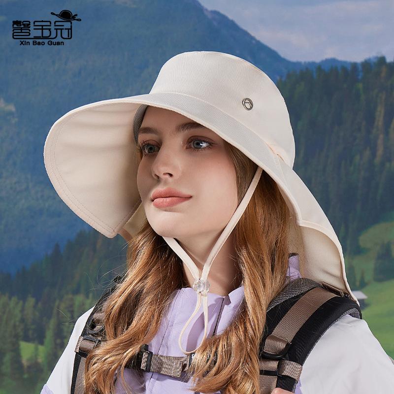 Spring and summer big eaves shawl neck protector bucket hat outdoor sun protection sun hat fashion with ponytail hole hat women