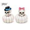 Gothic Wedding Couple Figurines Skull Pumpkin Statue, Halloween Bride Groom Figurine, Pink Retro Style Statues Bow on Ornament for Desktop Mantel