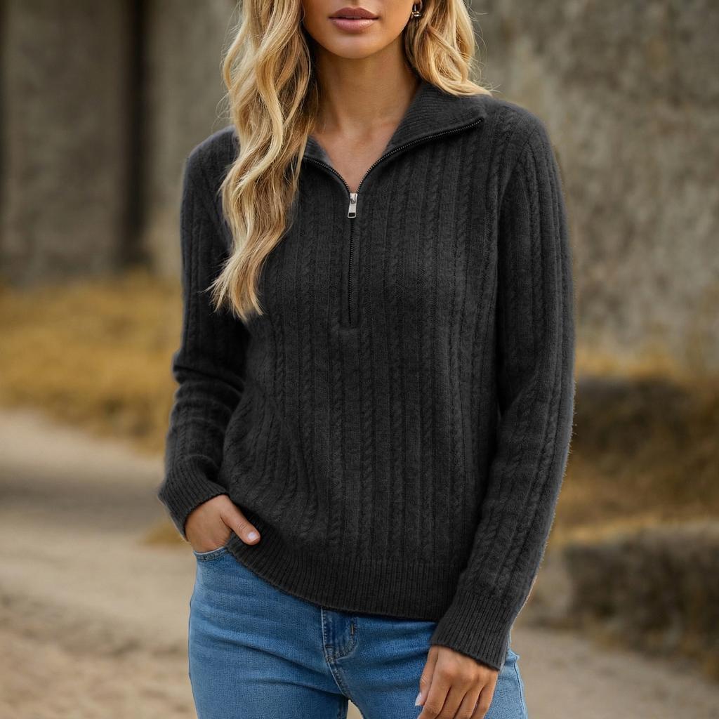 Women S Solid Color Twisted Knit Half Zip Collared Pullover Sweater