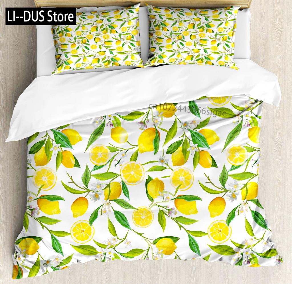 Nature Bedspread Lemon Tree Branches Gardening Design Decorative Quilted 3 Piece Coverlet Set with 2 Pillow Shams Full Size