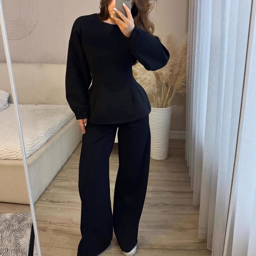 Cross-border European and American Women's Clothing Amazon Crew Neck Long-sleeved Waist Top Sports Wide-leg Pants Casual Suit