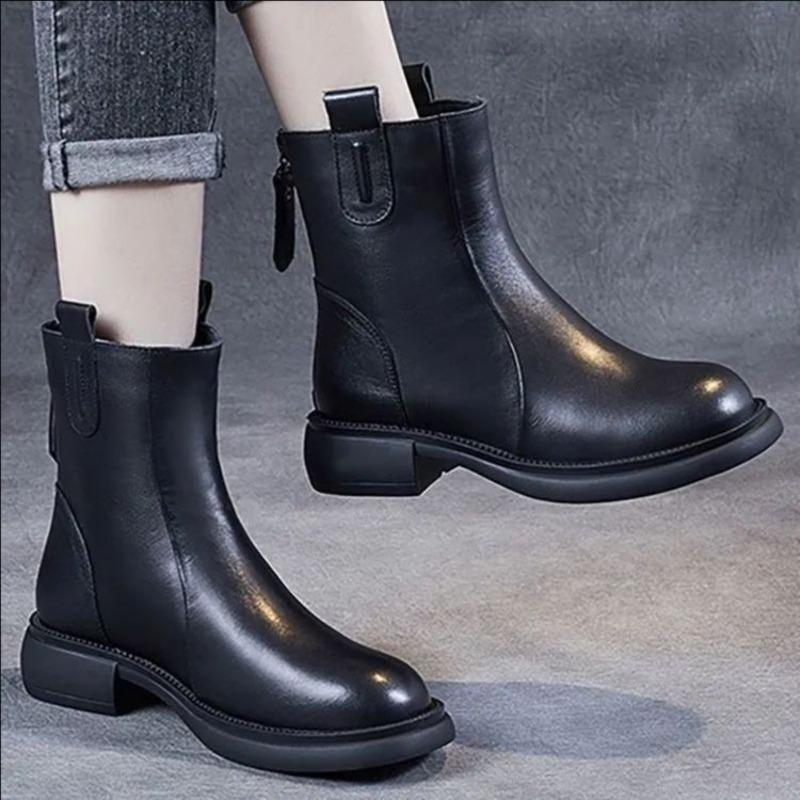 Soft Leather Shoes, Short Boots, Women's New Low-heeled Leather Boots, Retro Back Zipper Boots, Women's Shoes