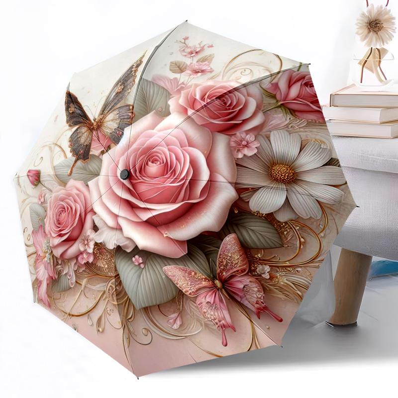 Blumenfantasy mit Schmetterlingen Automatischer Outdoor-Regenschirm Einziehbares Design mit 8 Speichen Langlebig Leicht Perfektes Geschenk für Freunde Familie