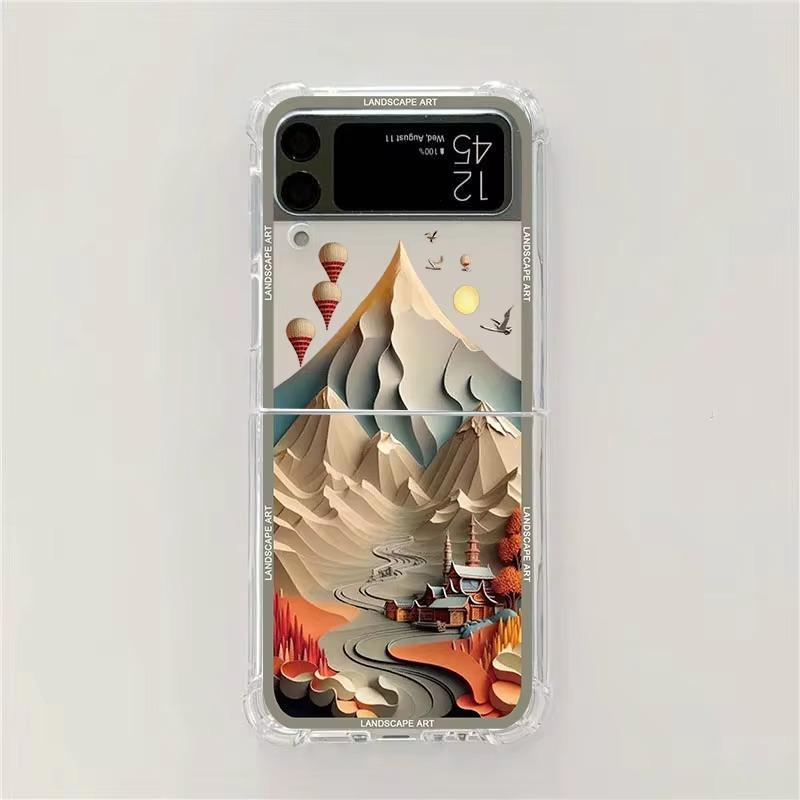 Capa Artística de Paisagem com Padrão 3D de Luxo para Samsung Galaxy Z Flip 6 5 Capa Cover para Samsung ZFlip4 Z Flip 3 Bolsa de Cobertura à Prova de Choque