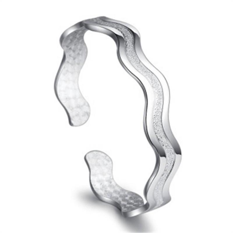 White Copper-Plated Sandblasted Wave Quicksand Water Ripple Silver Bangle for Women
