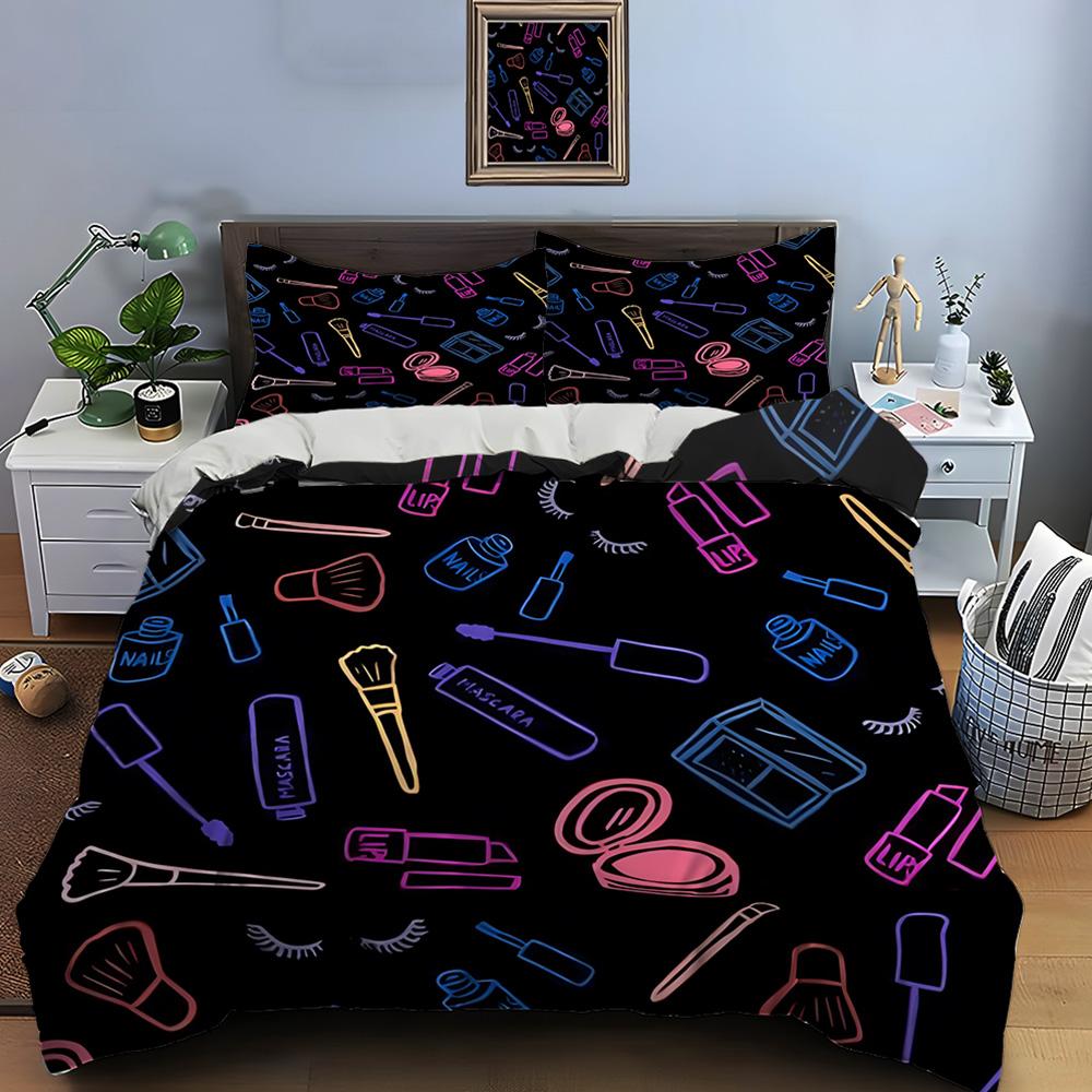 3PC Fashion Make Up Print Bedding Set Duvet Cover 1 Duvet Cover 2 Pillowcases Adult and Children Bedding Set Luxury Girls Gifts